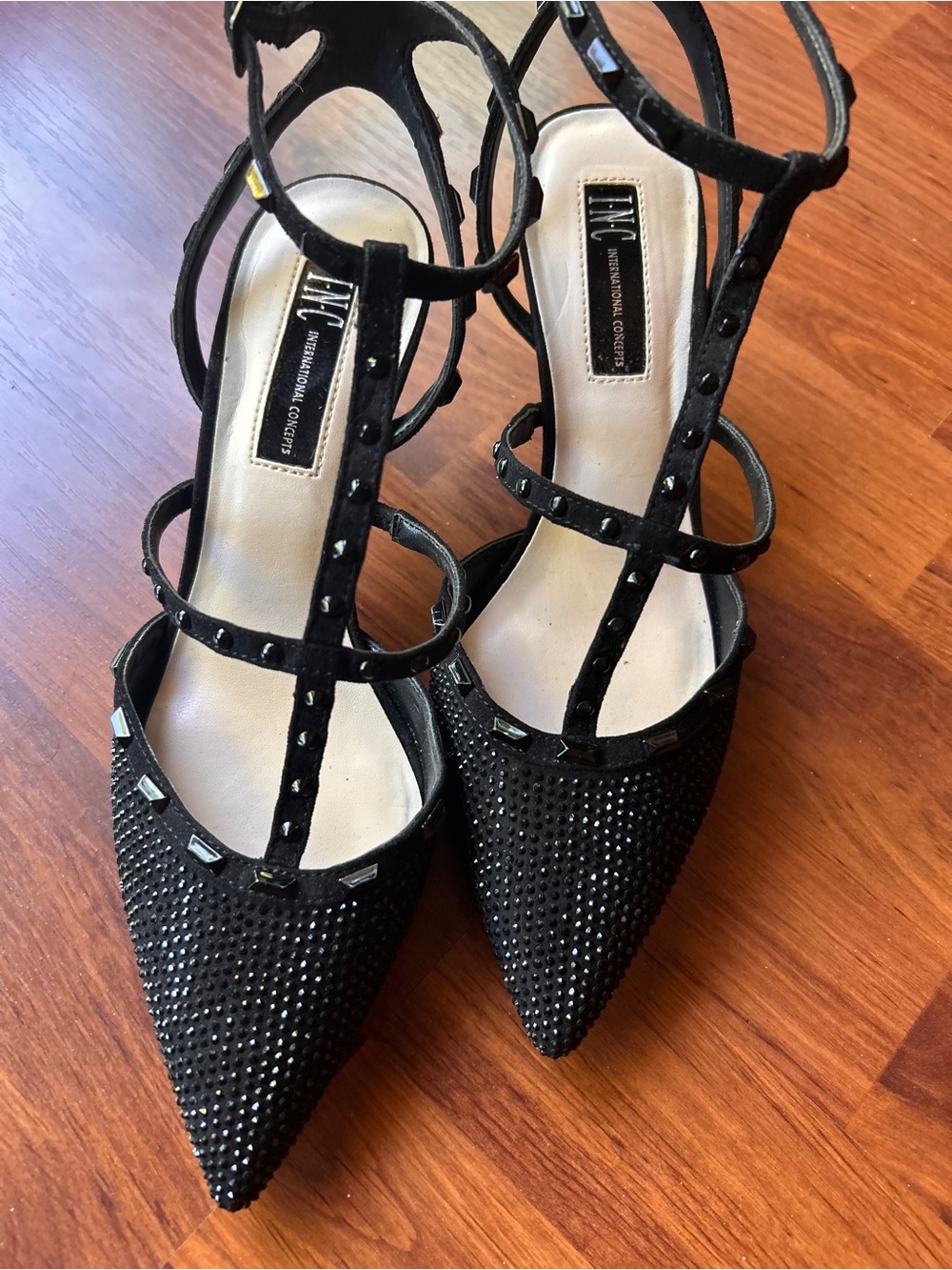 INC International Concepts Black Studded Pointed-Toe Strappy Heels with T-Strap